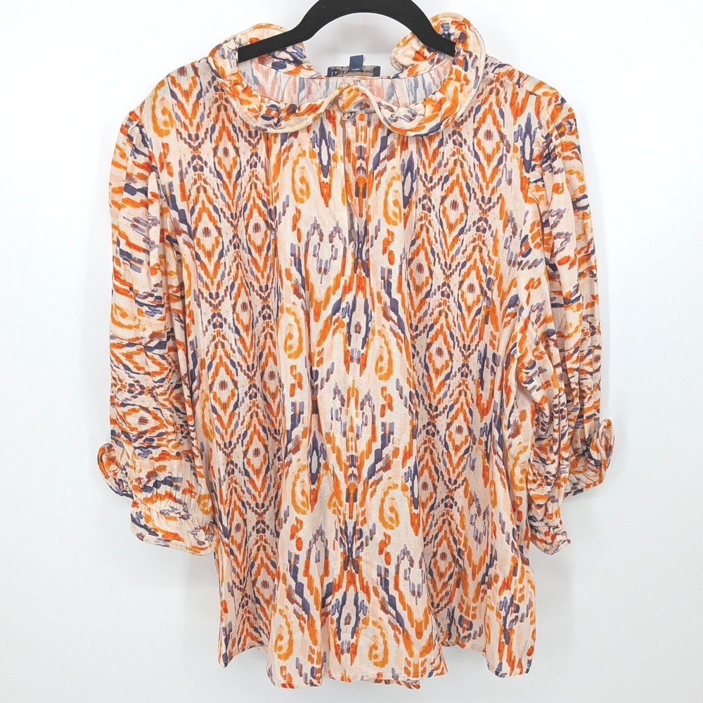 Democracy Blouse Womens Petite PXL Orange Ikat Ruffle Rayon‎ Boho Spring Top